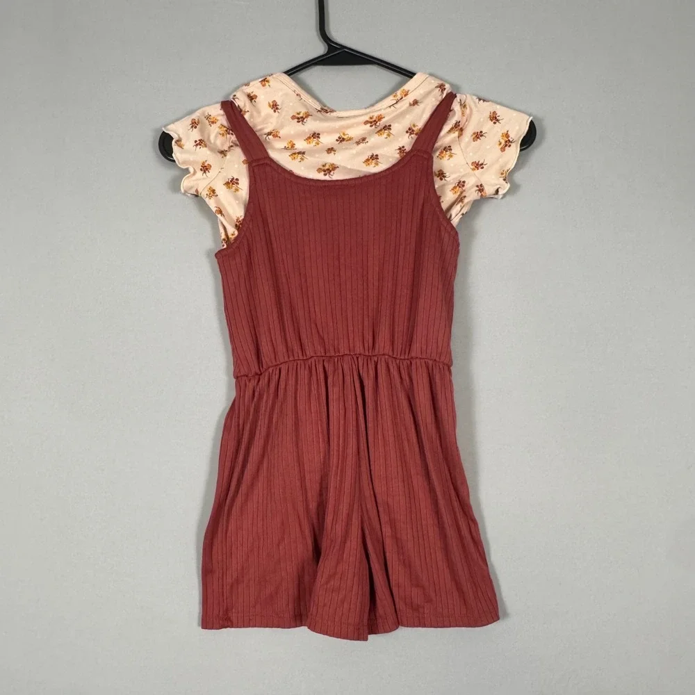 Lily Bleu Romper Set Kids Size 7 Rust Red Floral Ribbed 2pc NWOT